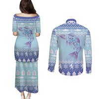 Cardiganshire Wales Christmas Couples Matching Puletasi and Long Sleeve Button Shirt Ceredigion Herring Celtic Knot - Wonder Print Shop