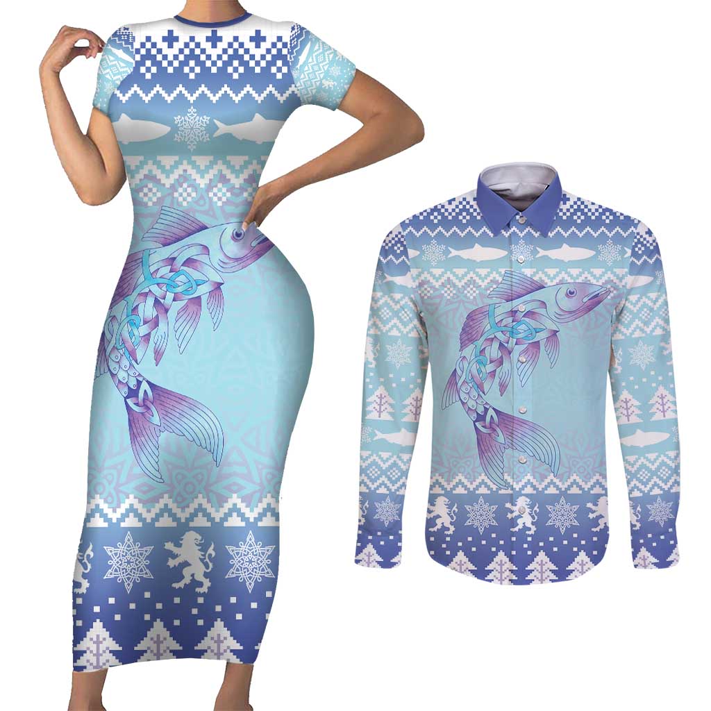 Cardiganshire Wales Christmas Couples Matching Short Sleeve Bodycon Dress and Long Sleeve Button Shirt Ceredigion Herring Celtic Knot - Wonder Print Shop