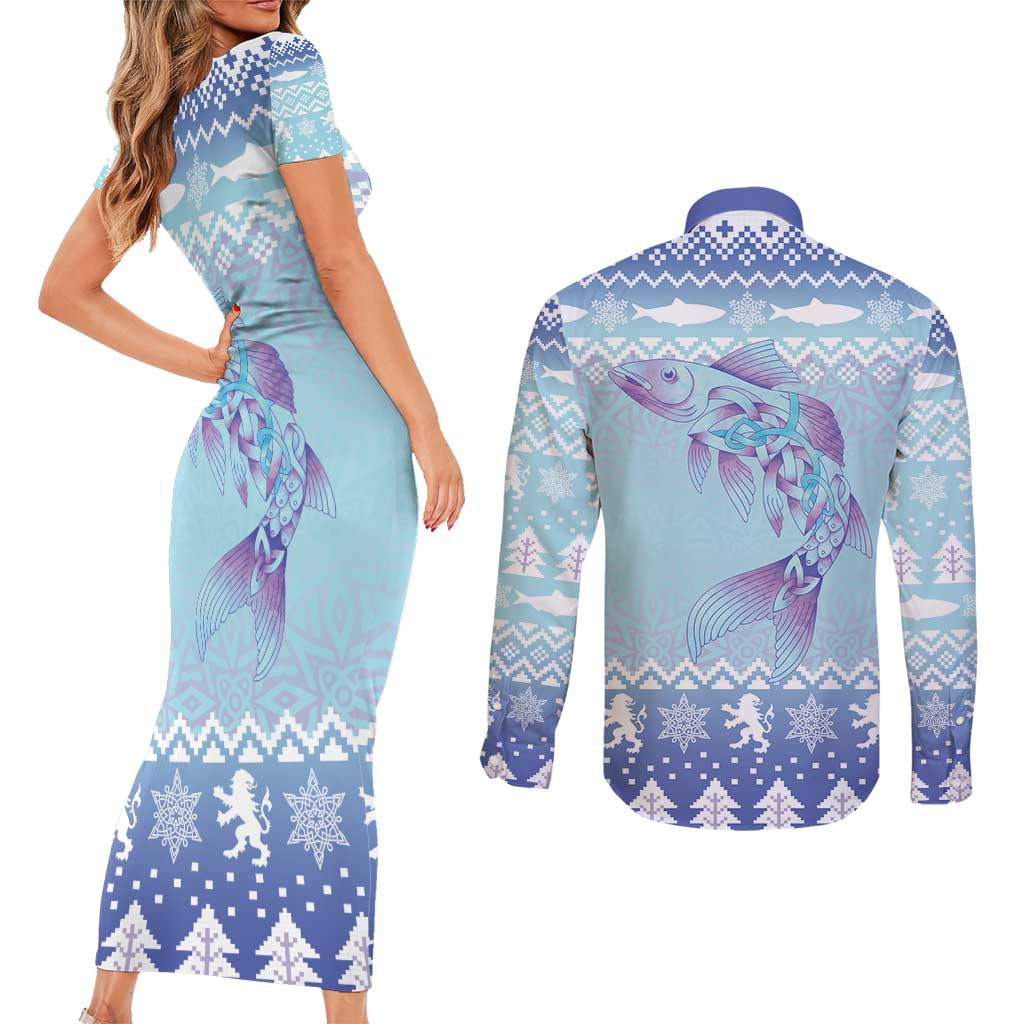 Cardiganshire Wales Christmas Couples Matching Short Sleeve Bodycon Dress and Long Sleeve Button Shirt Ceredigion Herring Celtic Knot - Wonder Print Shop