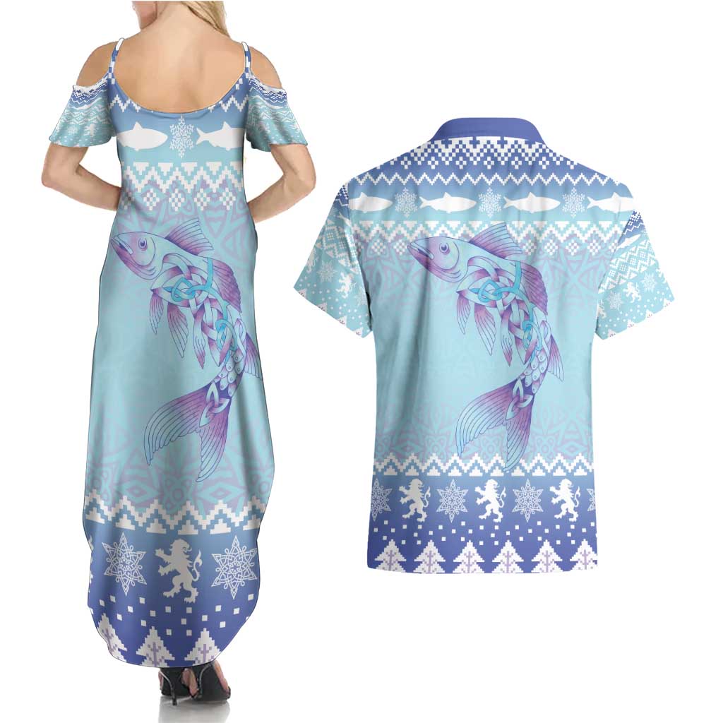 Cardiganshire Wales Christmas Couples Matching Summer Maxi Dress and Hawaiian Shirt Ceredigion Herring Celtic Knot - Wonder Print Shop