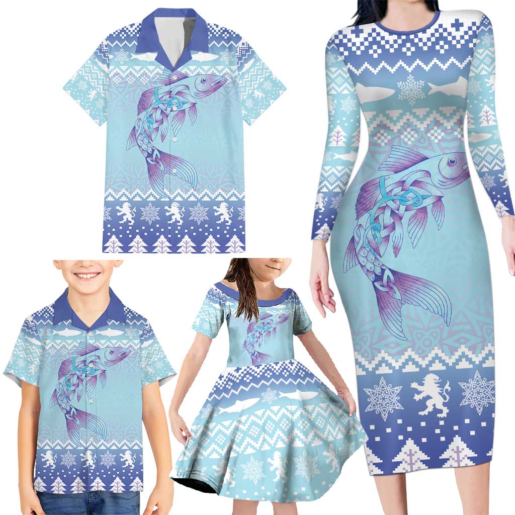 Cardiganshire Wales Christmas Family Matching Long Sleeve Bodycon Dress and Hawaiian Shirt Ceredigion Herring Celtic Knot - Wonder Print Shop