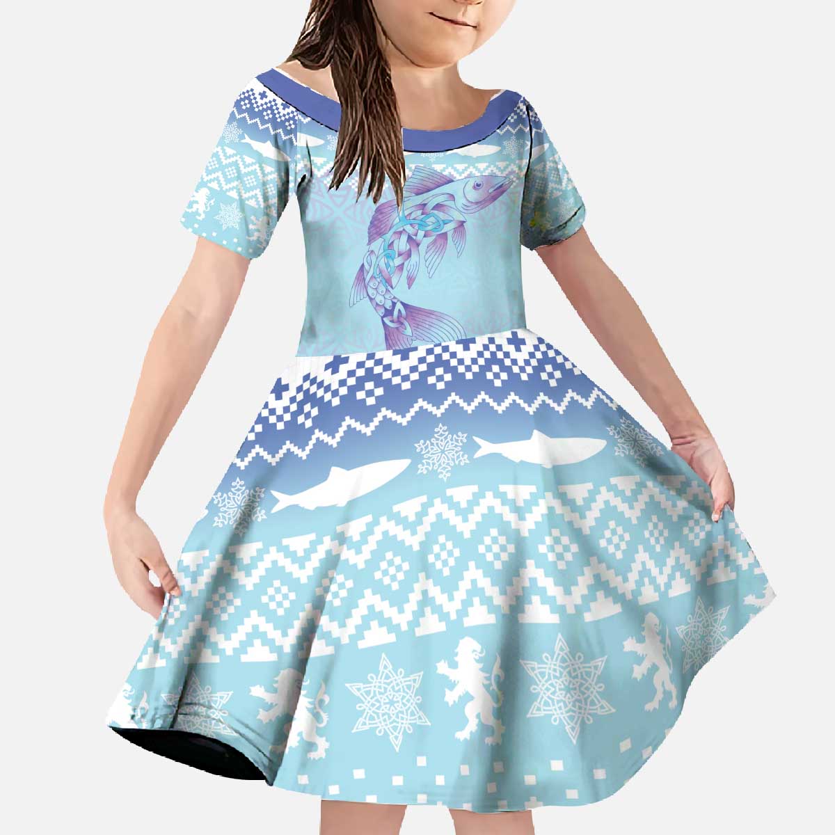 Cardiganshire Wales Christmas Family Matching Off The Shoulder Long Sleeve Dress and Hawaiian Shirt Ceredigion Herring Celtic Knot - Wonder Print Shop