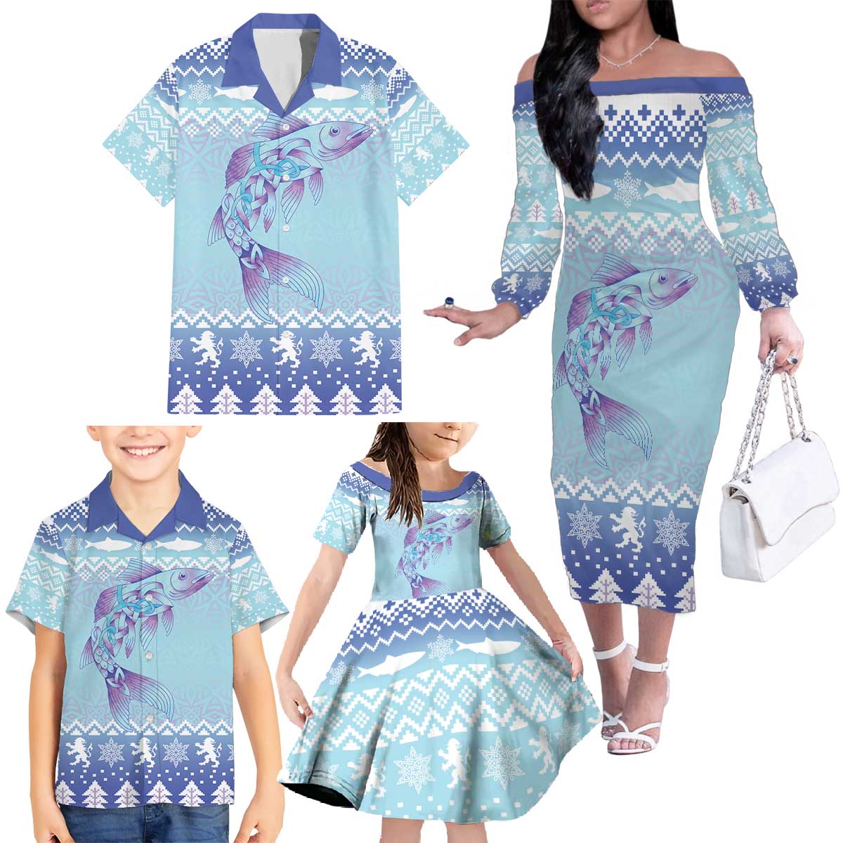 Cardiganshire Wales Christmas Family Matching Off The Shoulder Long Sleeve Dress and Hawaiian Shirt Ceredigion Herring Celtic Knot - Wonder Print Shop