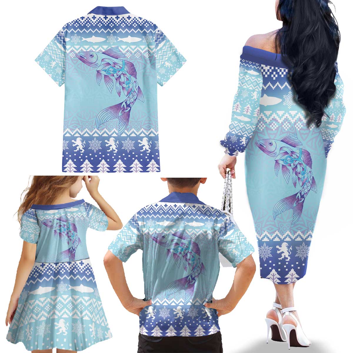 Cardiganshire Wales Christmas Family Matching Off The Shoulder Long Sleeve Dress and Hawaiian Shirt Ceredigion Herring Celtic Knot - Wonder Print Shop
