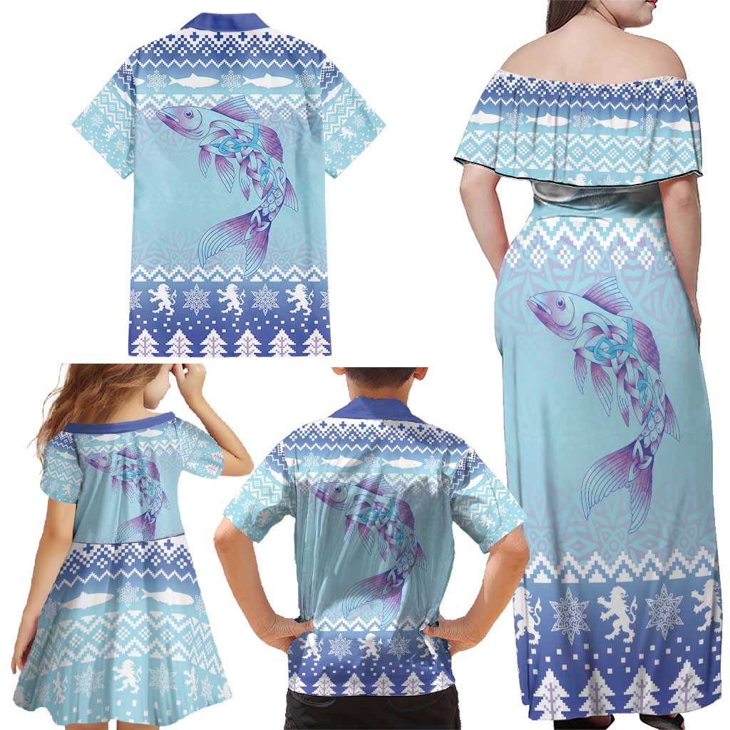 Cardiganshire Wales Christmas Family Matching Off Shoulder Maxi Dress and Hawaiian Shirt Ceredigion Herring Celtic Knot - Wonder Print Shop