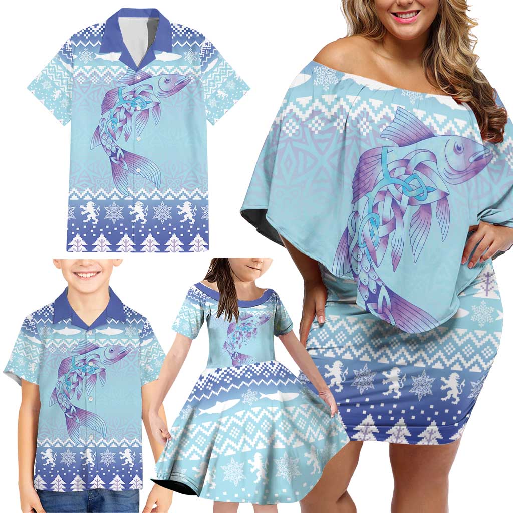 Cardiganshire Wales Christmas Family Matching Off Shoulder Short Dress and Hawaiian Shirt Ceredigion Herring Celtic Knot - Wonder Print Shop