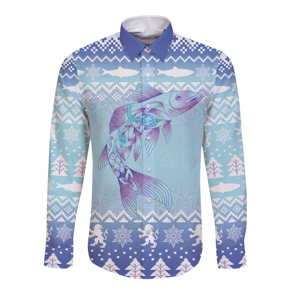 Cardiganshire Wales Christmas Long Sleeve Button Shirt Ceredigion Herring Celtic Knot - Wonder Print Shop