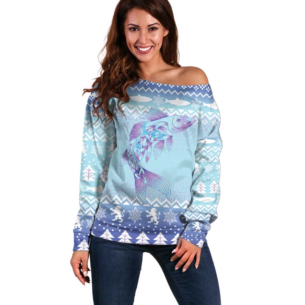 Cardiganshire Wales Christmas Off Shoulder Sweater Ceredigion Herring Celtic Knot - Wonder Print Shop