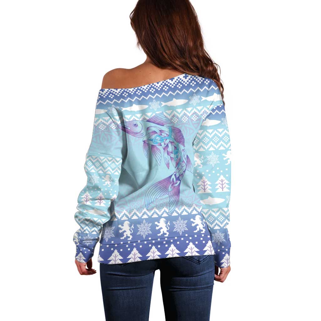 Cardiganshire Wales Christmas Off Shoulder Sweater Ceredigion Herring Celtic Knot - Wonder Print Shop