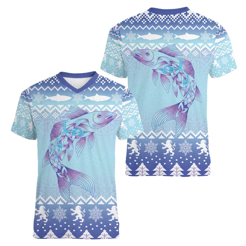 Cardiganshire Wales Christmas Women V-Neck T-Shirt Ceredigion Herring Celtic Knot - Wonder Print Shop