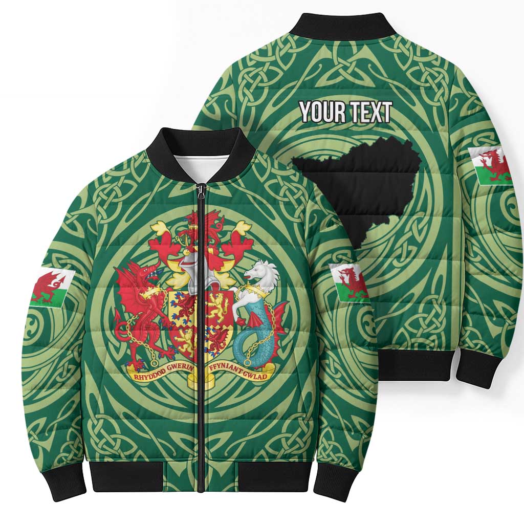Personalized Carmarthenshire Wales Bomber Puffer Jacket Map and Emblem Celtic Style - Wonder Print Shop