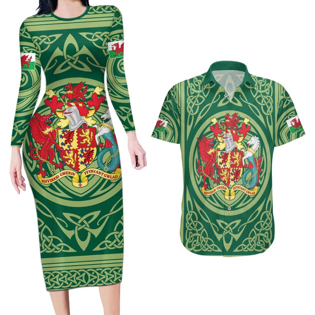 Personalized Carmarthenshire Wales Couples Matching Long Sleeve Bodycon Dress and Hawaiian Shirt Map and Emblem Celtic Style - Wonder Print Shop
