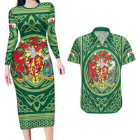 Personalized Carmarthenshire Wales Couples Matching Long Sleeve Bodycon Dress and Hawaiian Shirt Map and Emblem Celtic Style - Wonder Print Shop