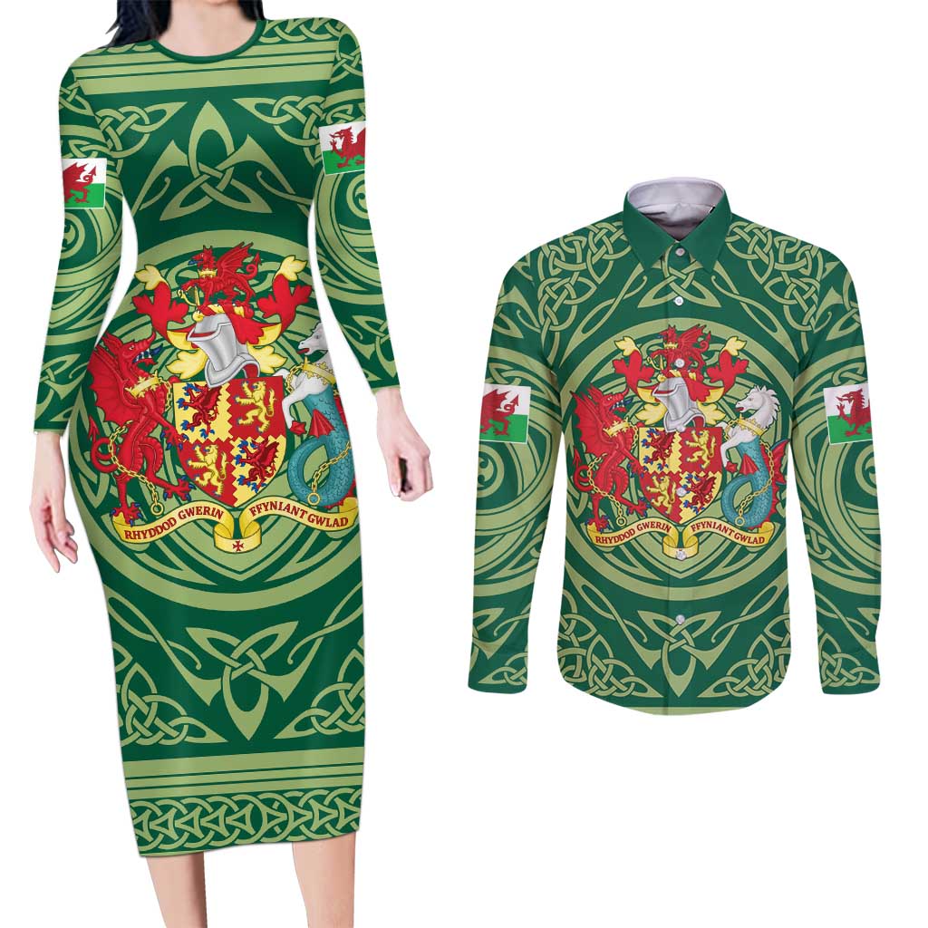 Personalized Carmarthenshire Wales Couples Matching Long Sleeve Bodycon Dress and Long Sleeve Button Shirt Map and Emblem Celtic Style - Wonder Print Shop