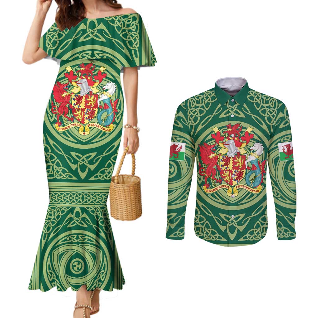 Personalized Carmarthenshire Wales Couples Matching Mermaid Dress and Long Sleeve Button Shirt Map and Emblem Celtic Style - Wonder Print Shop