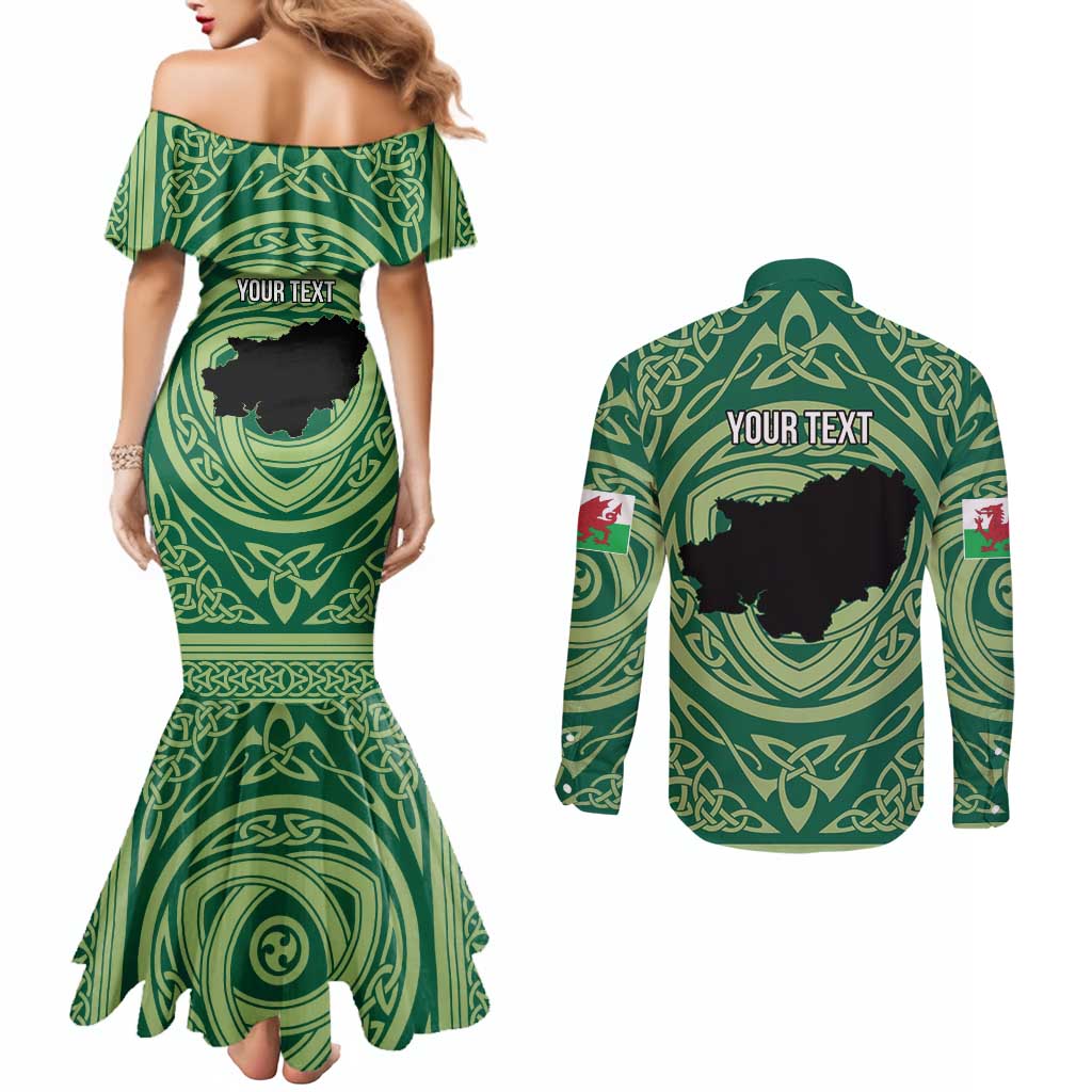 Personalized Carmarthenshire Wales Couples Matching Mermaid Dress and Long Sleeve Button Shirt Map and Emblem Celtic Style - Wonder Print Shop