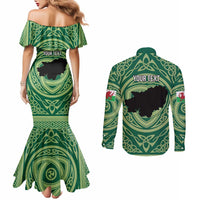 Personalized Carmarthenshire Wales Couples Matching Mermaid Dress and Long Sleeve Button Shirt Map and Emblem Celtic Style - Wonder Print Shop