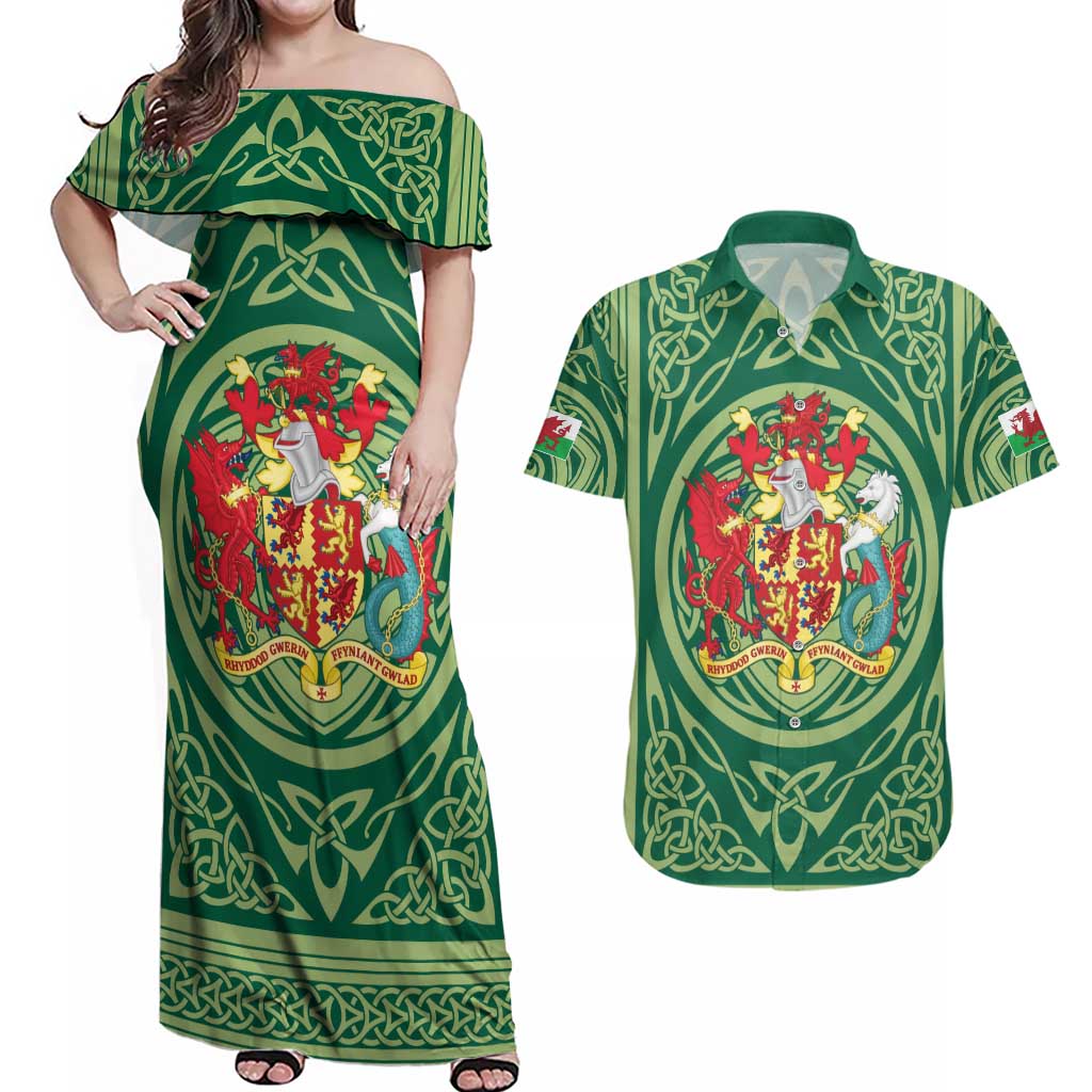Personalized Carmarthenshire Wales Couples Matching Off Shoulder Maxi Dress and Hawaiian Shirt Map and Emblem Celtic Style - Wonder Print Shop