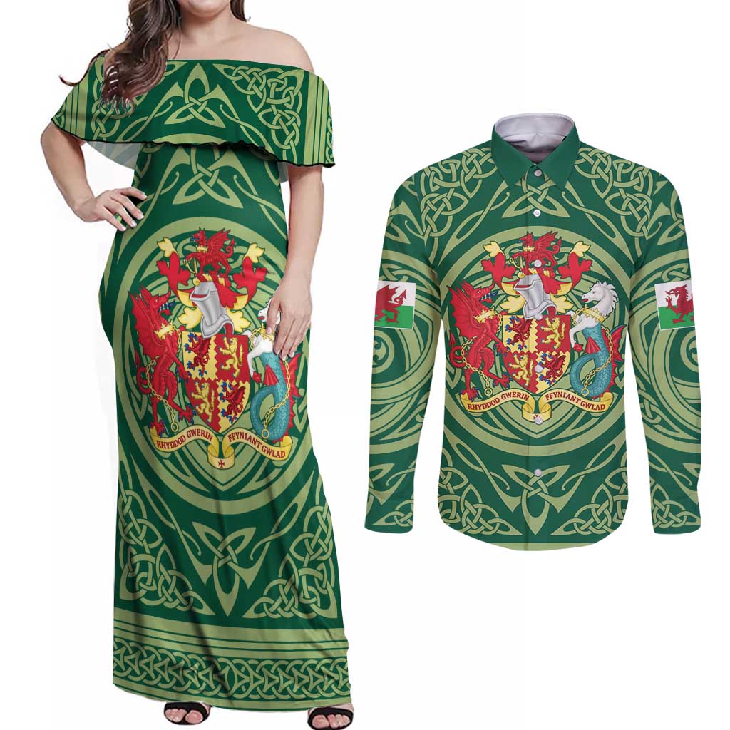 Personalized Carmarthenshire Wales Couples Matching Off Shoulder Maxi Dress and Long Sleeve Button Shirt Map and Emblem Celtic Style - Wonder Print Shop