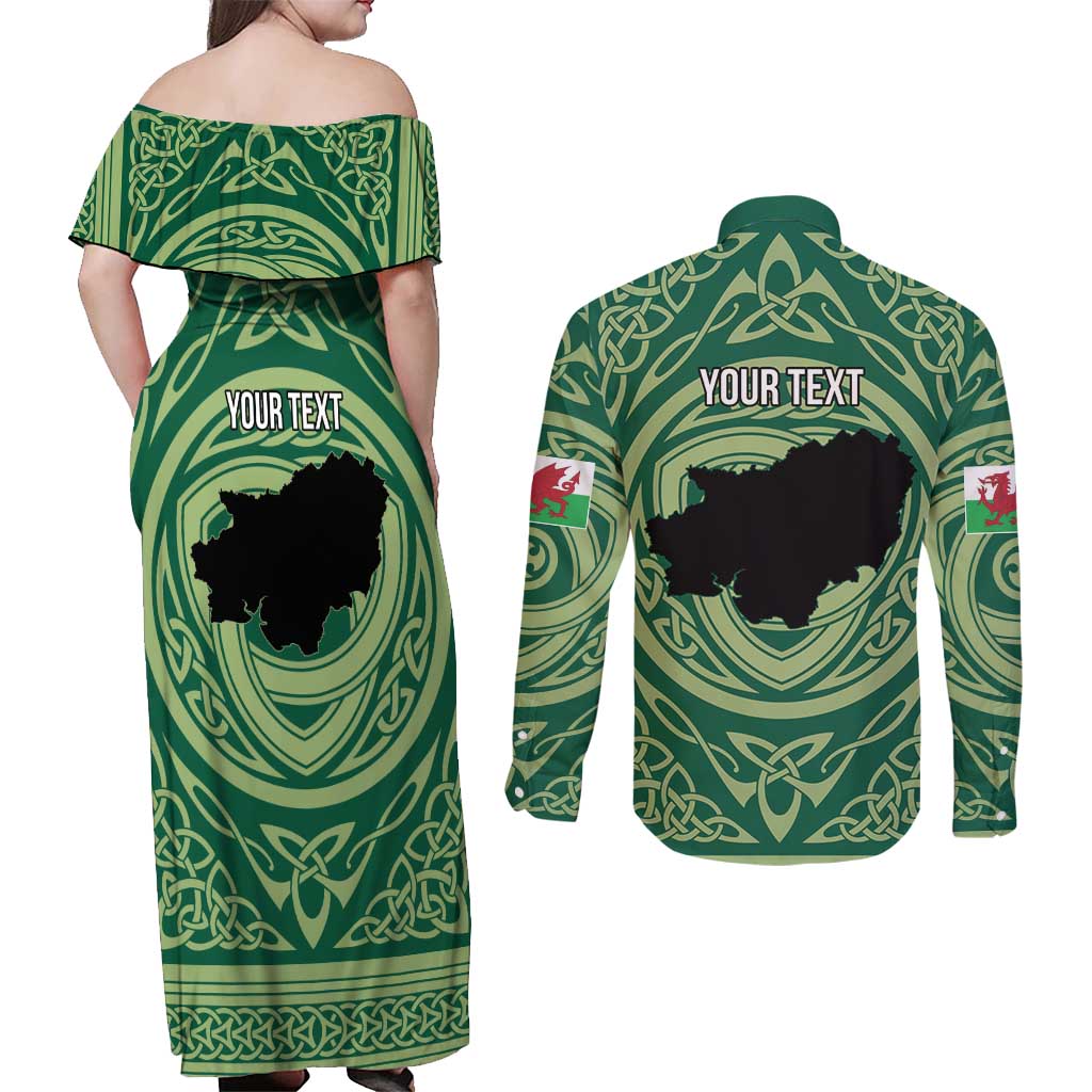 Personalized Carmarthenshire Wales Couples Matching Off Shoulder Maxi Dress and Long Sleeve Button Shirt Map and Emblem Celtic Style - Wonder Print Shop