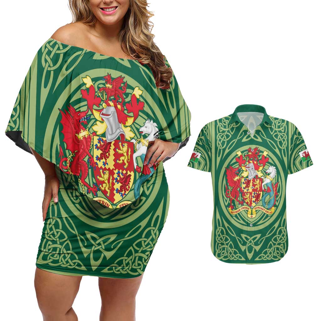 Personalized Carmarthenshire Wales Couples Matching Off Shoulder Short Dress and Hawaiian Shirt Map and Emblem Celtic Style - Wonder Print Shop