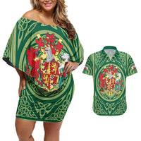 Personalized Carmarthenshire Wales Couples Matching Off Shoulder Short Dress and Hawaiian Shirt Map and Emblem Celtic Style - Wonder Print Shop