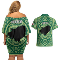 Personalized Carmarthenshire Wales Couples Matching Off Shoulder Short Dress and Hawaiian Shirt Map and Emblem Celtic Style - Wonder Print Shop