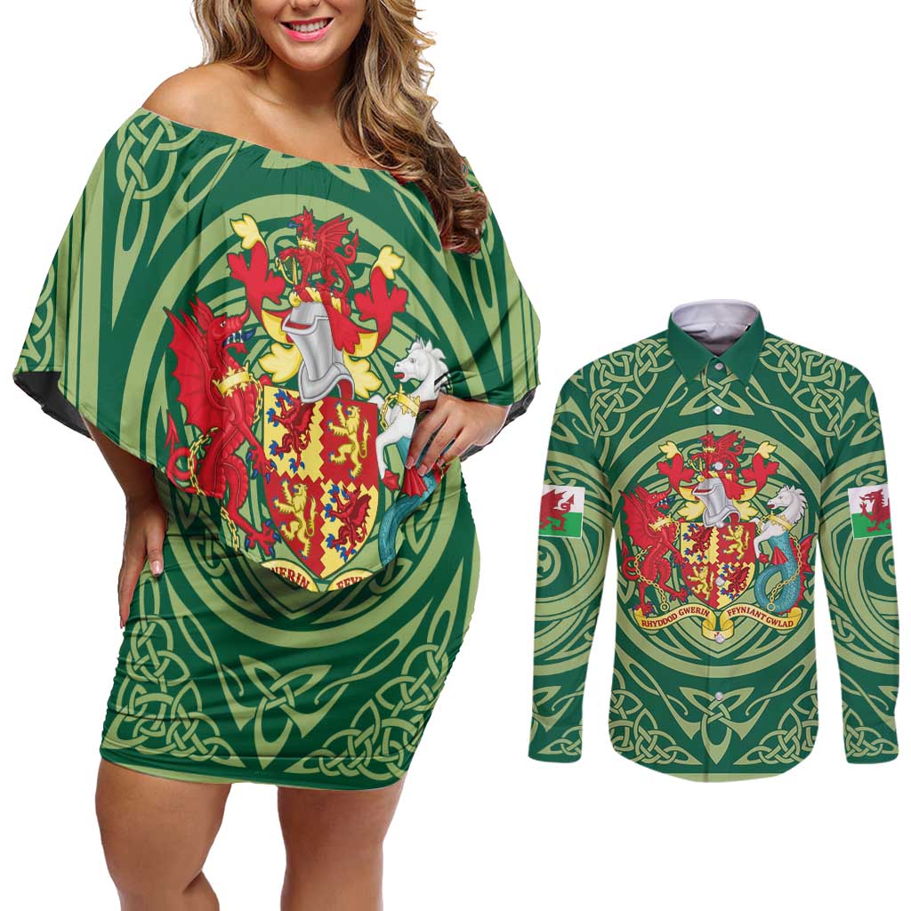 Personalized Carmarthenshire Wales Couples Matching Off Shoulder Short Dress and Long Sleeve Button Shirt Map and Emblem Celtic Style - Wonder Print Shop