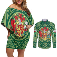 Personalized Carmarthenshire Wales Couples Matching Off Shoulder Short Dress and Long Sleeve Button Shirt Map and Emblem Celtic Style - Wonder Print Shop