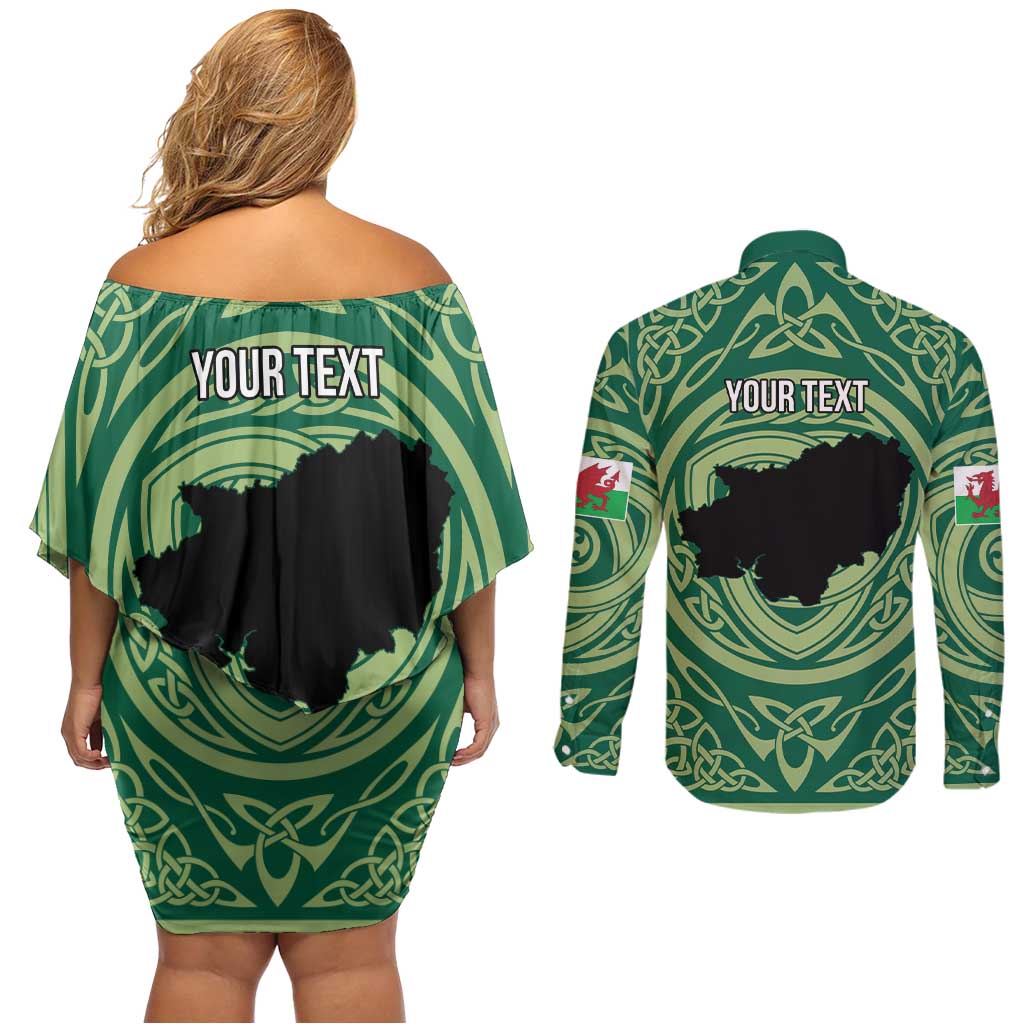 Personalized Carmarthenshire Wales Couples Matching Off Shoulder Short Dress and Long Sleeve Button Shirt Map and Emblem Celtic Style - Wonder Print Shop
