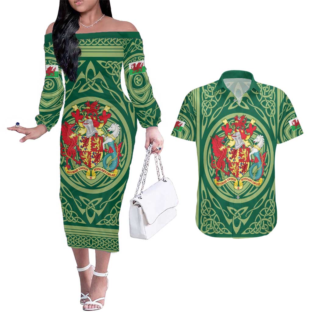 Personalized Carmarthenshire Wales Couples Matching Off The Shoulder Long Sleeve Dress and Hawaiian Shirt Map and Emblem Celtic Style - Wonder Print Shop