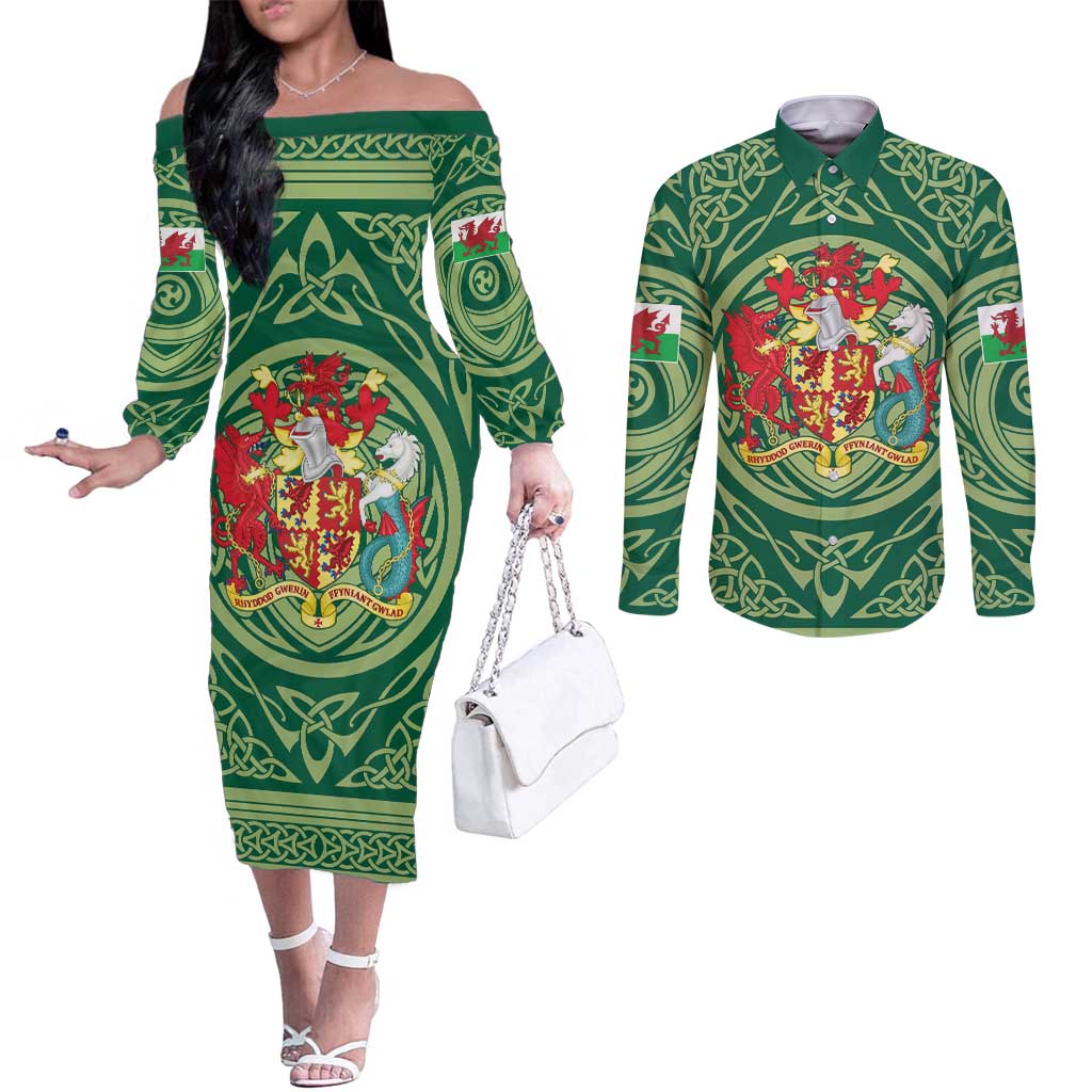 Personalized Carmarthenshire Wales Couples Matching Off The Shoulder Long Sleeve Dress and Long Sleeve Button Shirt Map and Emblem Celtic Style - Wonder Print Shop
