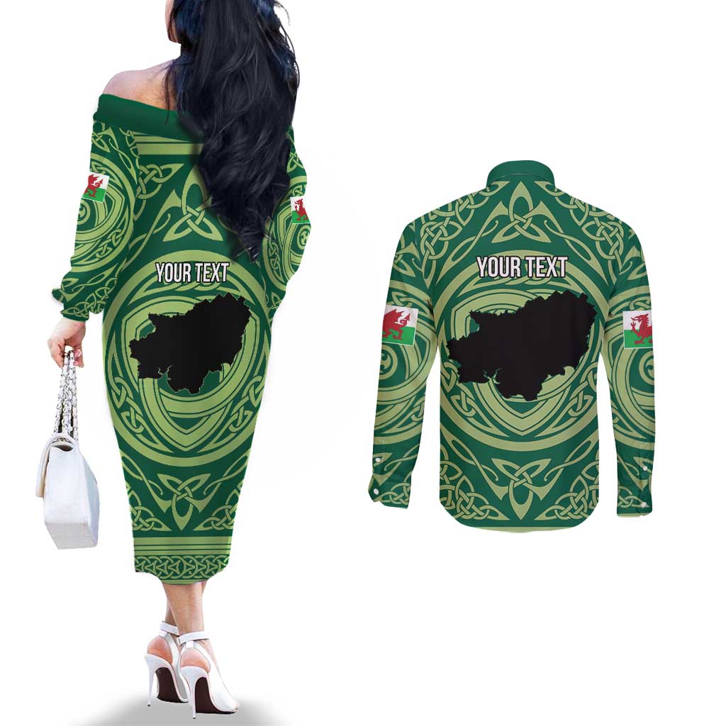 Personalized Carmarthenshire Wales Couples Matching Off The Shoulder Long Sleeve Dress and Long Sleeve Button Shirt Map and Emblem Celtic Style - Wonder Print Shop