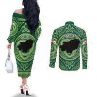 Personalized Carmarthenshire Wales Couples Matching Off The Shoulder Long Sleeve Dress and Long Sleeve Button Shirt Map and Emblem Celtic Style - Wonder Print Shop