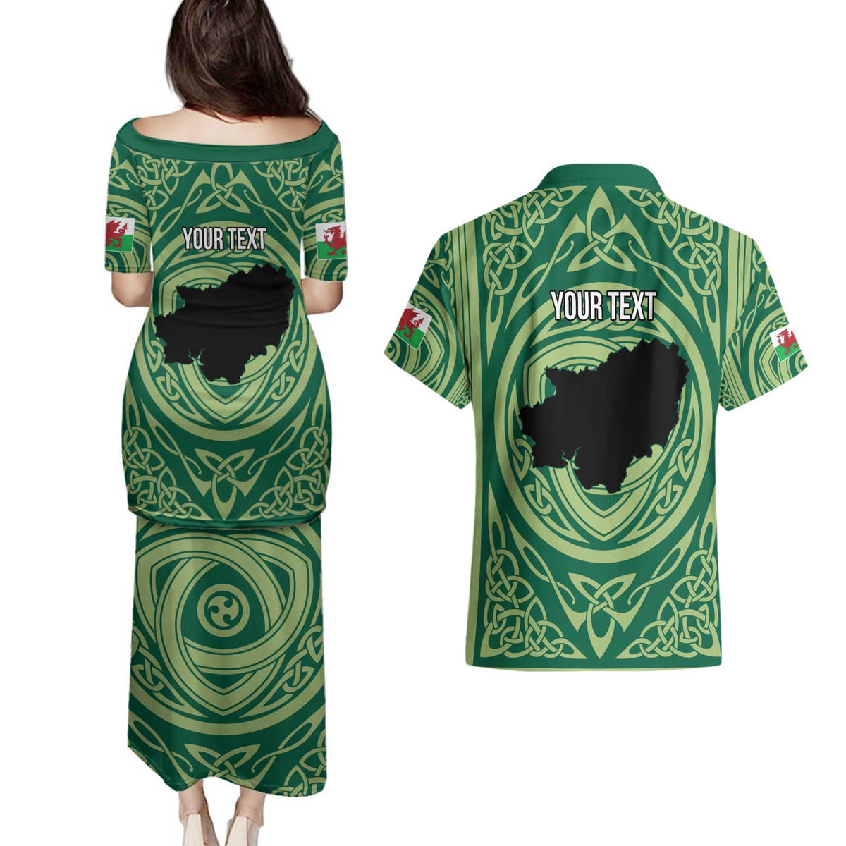 Personalized Carmarthenshire Wales Couples Matching Puletasi and Hawaiian Shirt Map and Emblem Celtic Style - Wonder Print Shop