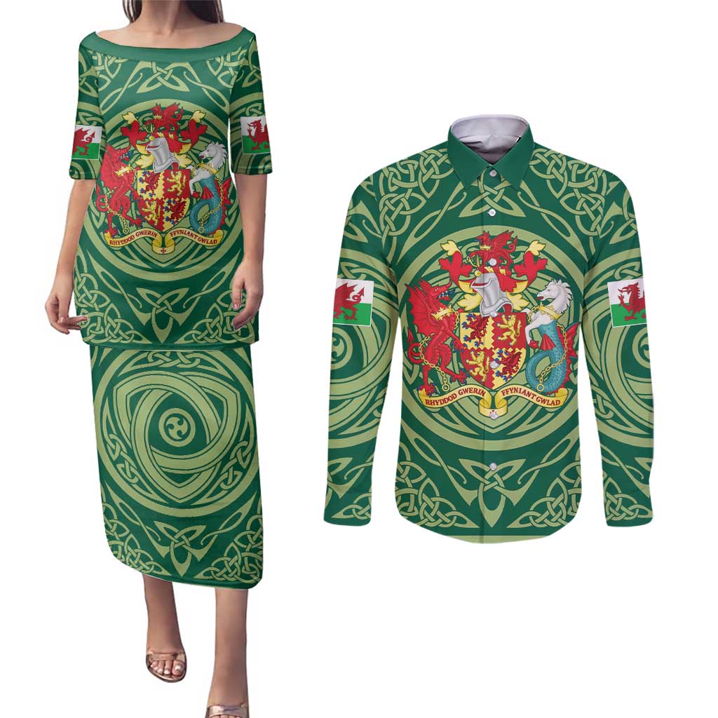 Personalized Carmarthenshire Wales Couples Matching Puletasi and Long Sleeve Button Shirt Map and Emblem Celtic Style - Wonder Print Shop