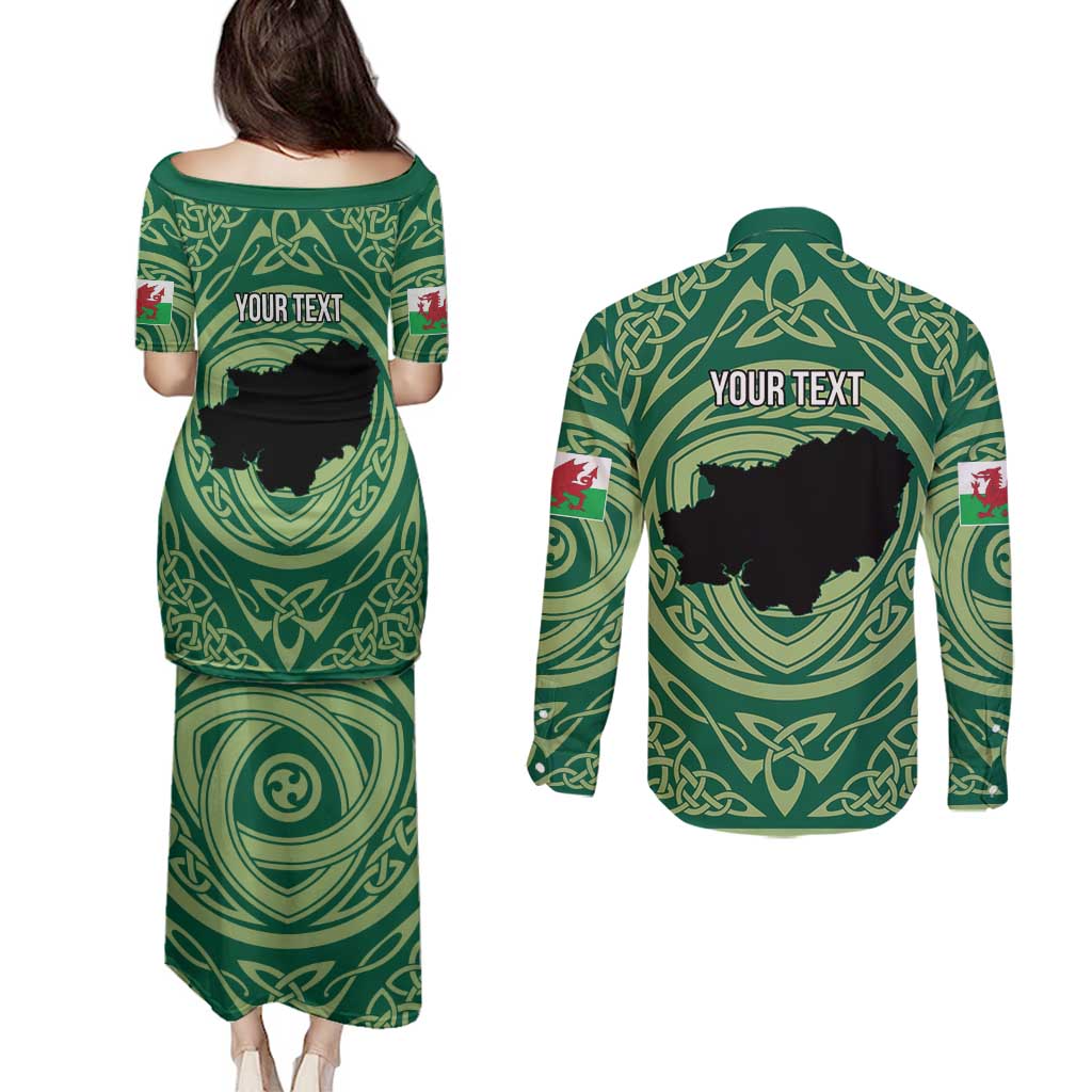 Personalized Carmarthenshire Wales Couples Matching Puletasi and Long Sleeve Button Shirt Map and Emblem Celtic Style - Wonder Print Shop