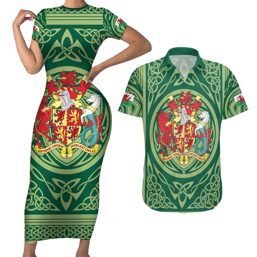 Personalized Carmarthenshire Wales Couples Matching Short Sleeve Bodycon Dress and Hawaiian Shirt Map and Emblem Celtic Style - Wonder Print Shop