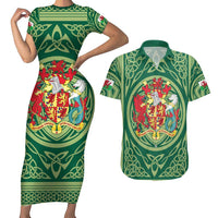 Personalized Carmarthenshire Wales Couples Matching Short Sleeve Bodycon Dress and Hawaiian Shirt Map and Emblem Celtic Style - Wonder Print Shop