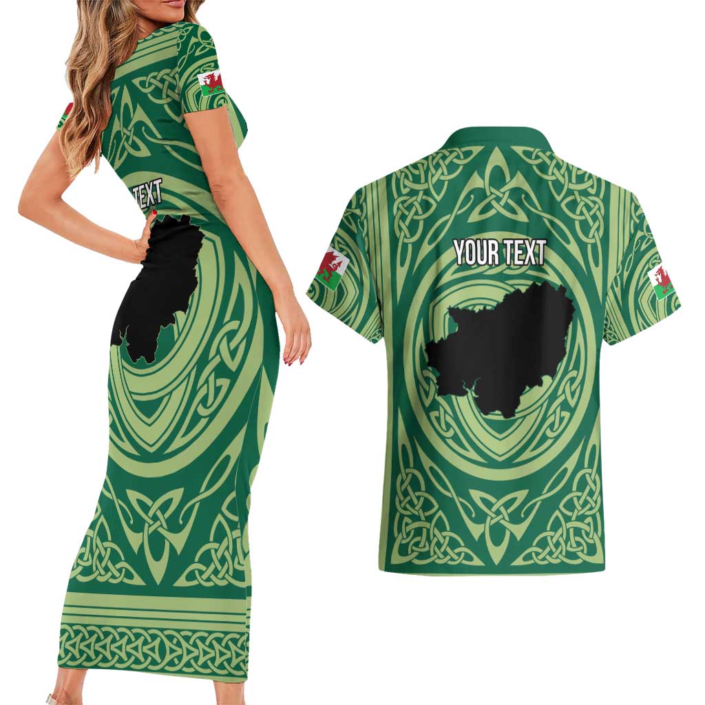 Personalized Carmarthenshire Wales Couples Matching Short Sleeve Bodycon Dress and Hawaiian Shirt Map and Emblem Celtic Style - Wonder Print Shop