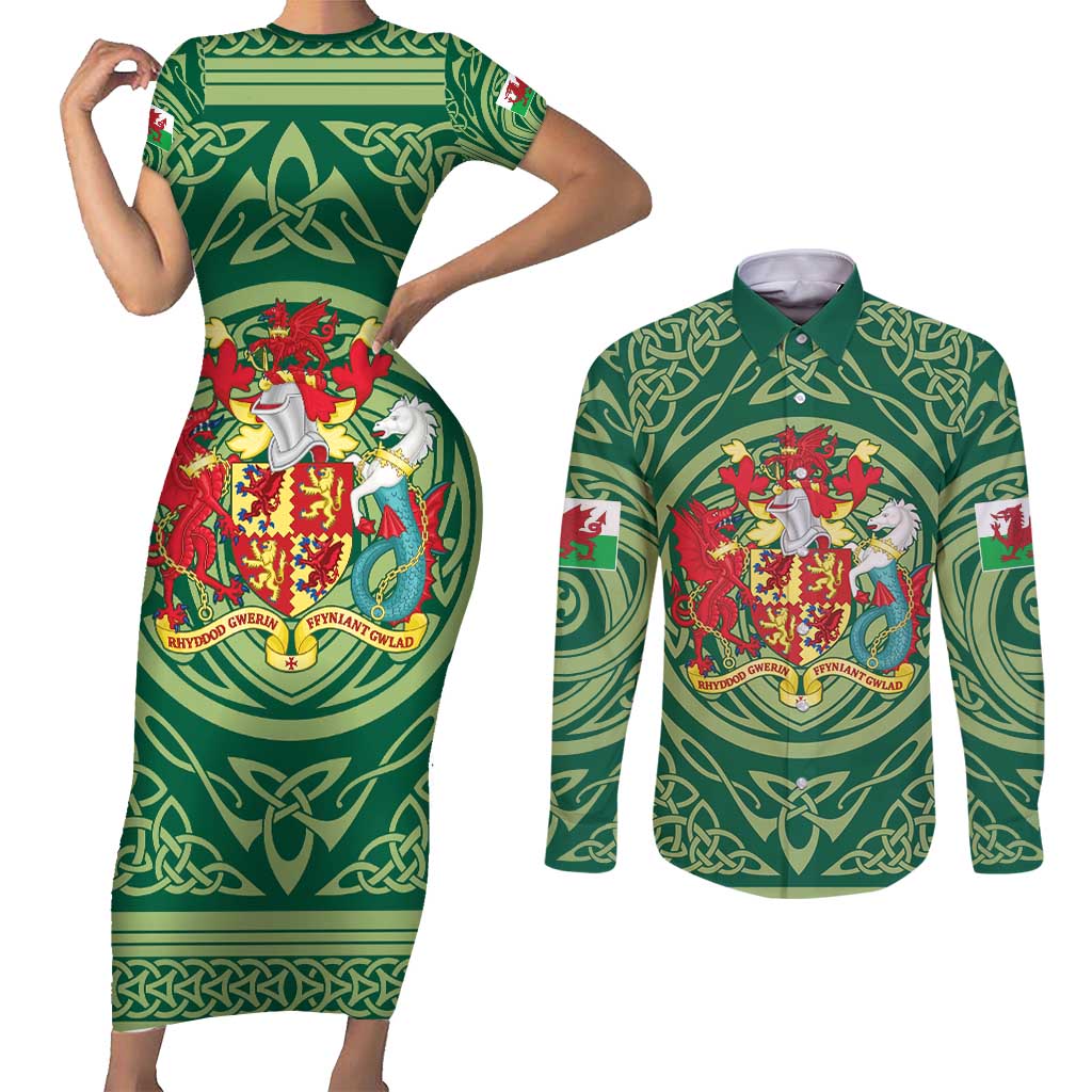 Personalized Carmarthenshire Wales Couples Matching Short Sleeve Bodycon Dress and Long Sleeve Button Shirt Map and Emblem Celtic Style - Wonder Print Shop