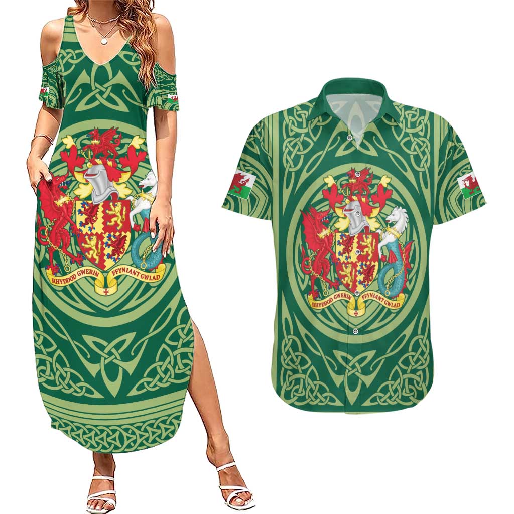 Personalized Carmarthenshire Wales Couples Matching Summer Maxi Dress and Hawaiian Shirt Map and Emblem Celtic Style - Wonder Print Shop