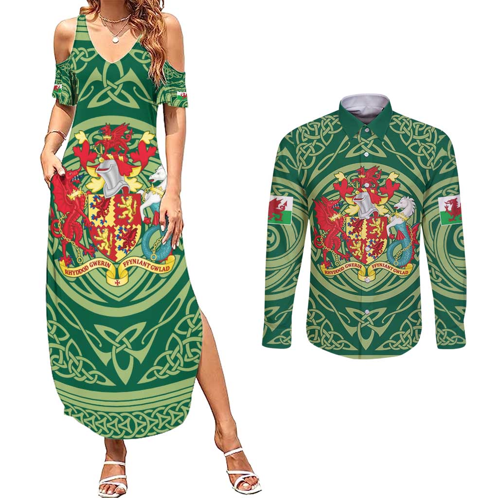 Personalized Carmarthenshire Wales Couples Matching Summer Maxi Dress and Long Sleeve Button Shirt Map and Emblem Celtic Style - Wonder Print Shop