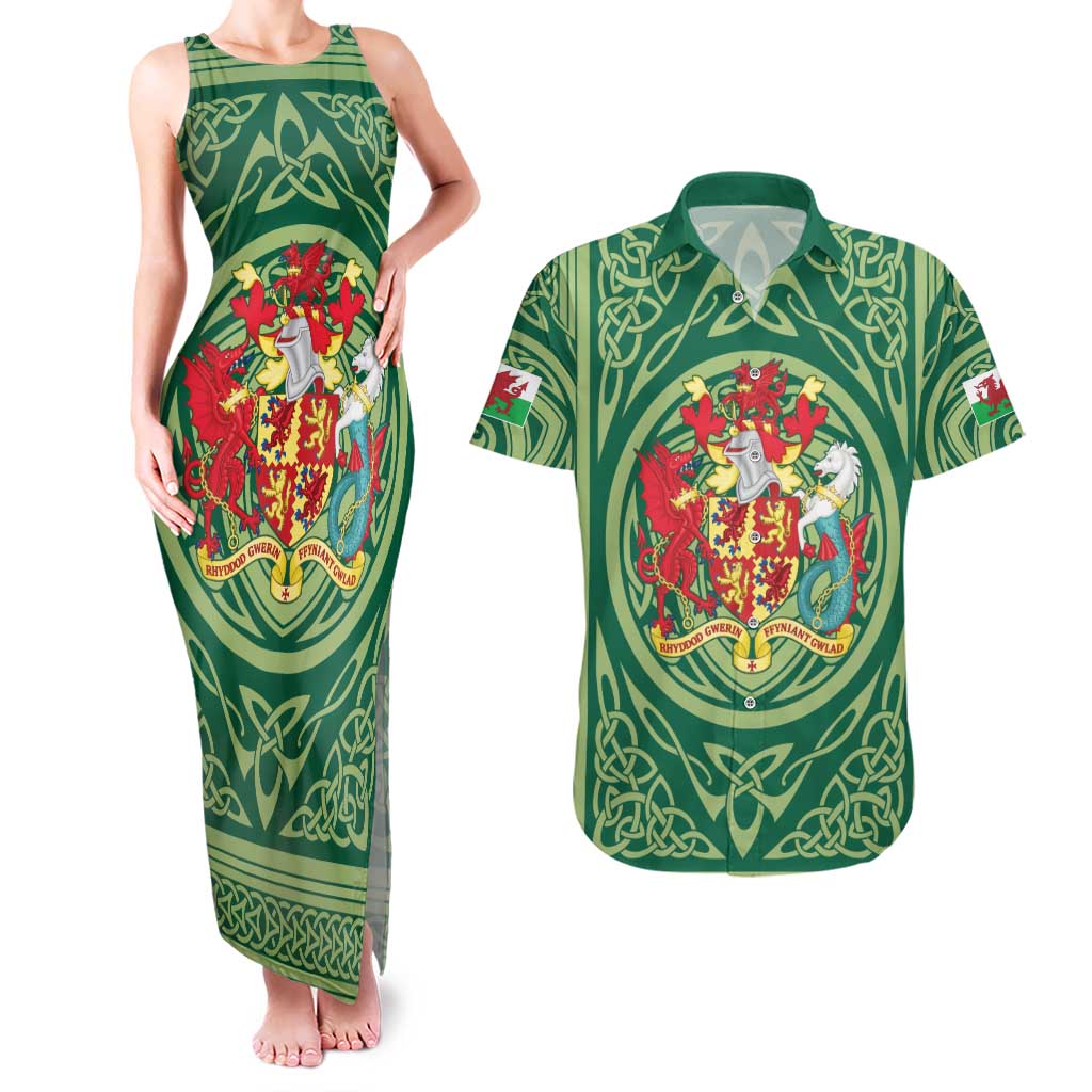Personalized Carmarthenshire Wales Couples Matching Tank Maxi Dress and Hawaiian Shirt Map and Emblem Celtic Style - Wonder Print Shop