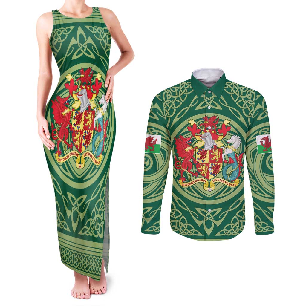 Personalized Carmarthenshire Wales Couples Matching Tank Maxi Dress and Long Sleeve Button Shirt Map and Emblem Celtic Style - Wonder Print Shop
