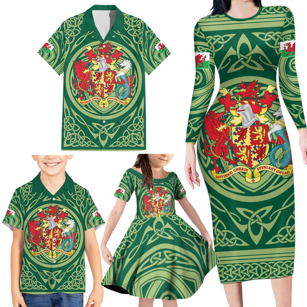 Personalized Carmarthenshire Wales Family Matching Long Sleeve Bodycon Dress and Hawaiian Shirt Map and Emblem Celtic Style - Wonder Print Shop