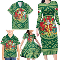Personalized Carmarthenshire Wales Family Matching Long Sleeve Bodycon Dress and Hawaiian Shirt Map and Emblem Celtic Style - Wonder Print Shop