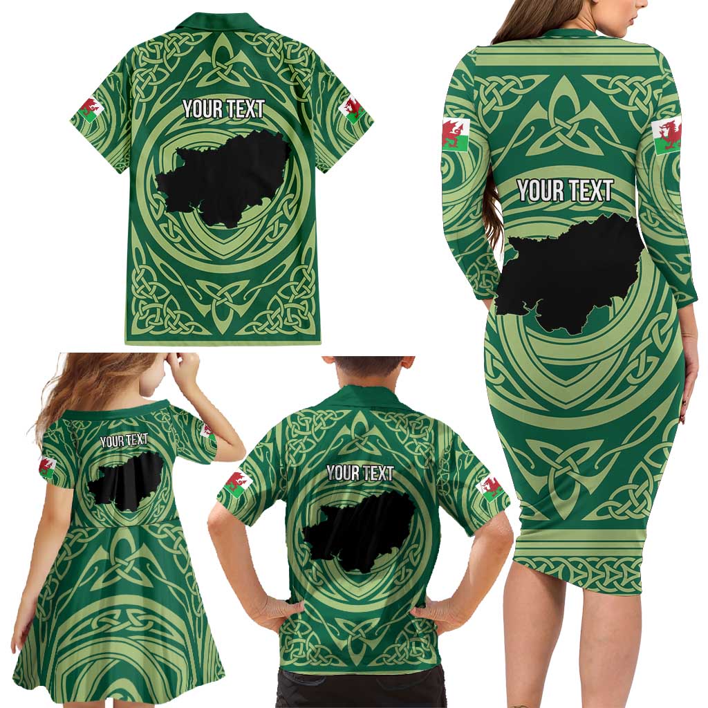 Personalized Carmarthenshire Wales Family Matching Long Sleeve Bodycon Dress and Hawaiian Shirt Map and Emblem Celtic Style - Wonder Print Shop