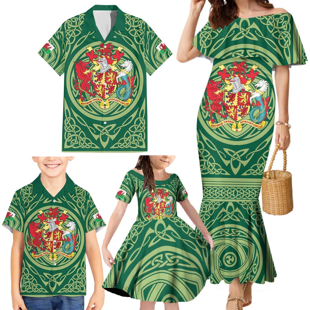 Personalized Carmarthenshire Wales Family Matching Mermaid Dress and Hawaiian Shirt Map and Emblem Celtic Style - Wonder Print Shop