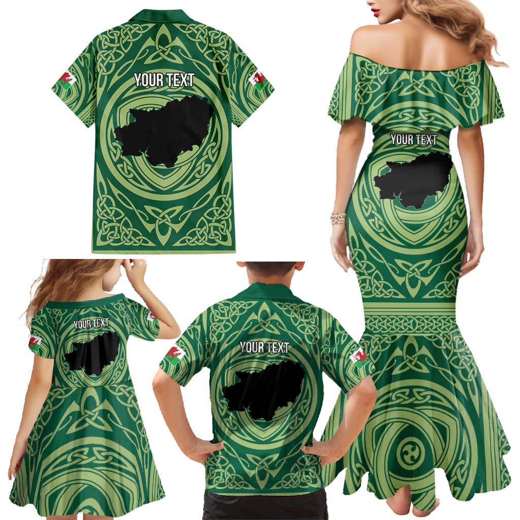 Personalized Carmarthenshire Wales Family Matching Mermaid Dress and Hawaiian Shirt Map and Emblem Celtic Style - Wonder Print Shop